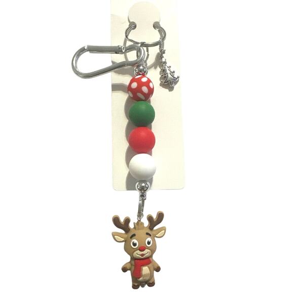Christmas keychain or bag charm w/Rudolph & a Christmas tree charm. Brand New - Picture 1 of 3